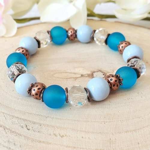 Kit bracelet perles en verre colonne bleu ciel et transparente