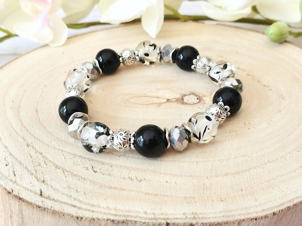 Kit bracelet fil élastique perles en verre noire et résine - Un