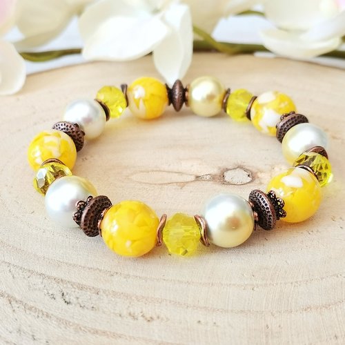 Kit bracelet fil élastique perles en verre jaune et résine