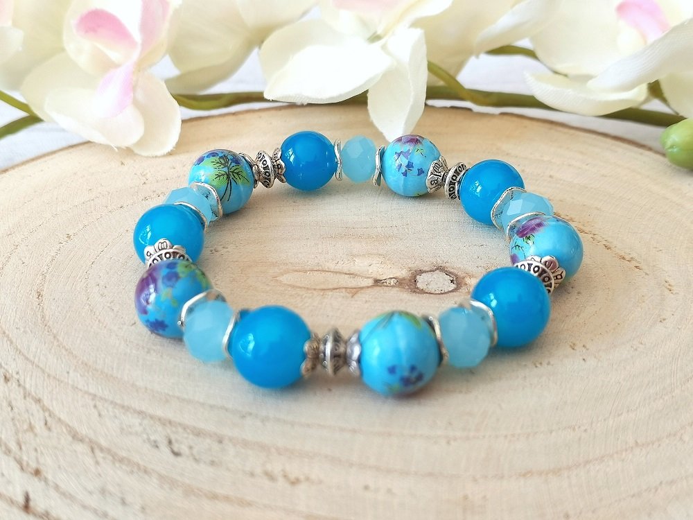 Kit bracelet fil élastique et perles porcelaine bleues - Un grand marché