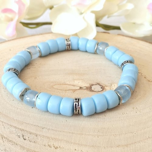 Kit bracelet perles en verre colonne bleu ciel et transparente