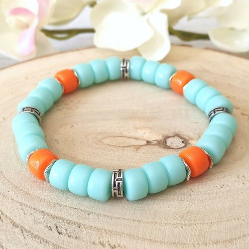 Kit bracelet perles en verre colonne bleu clair et orange
