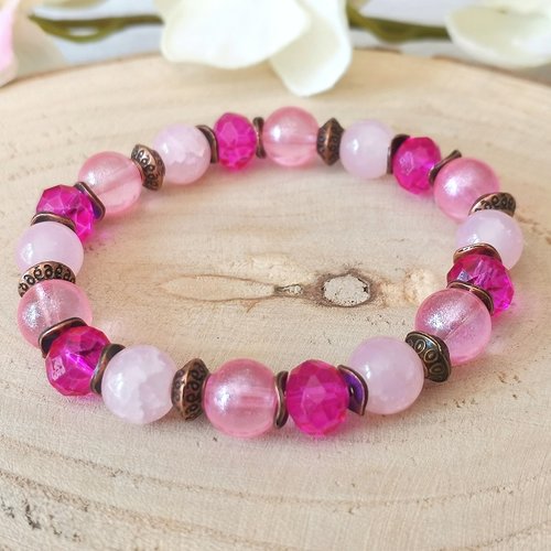 Kit bracelet fil élastique et perles en verre rose et fuchsia