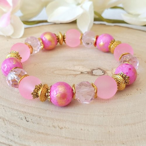 Kit bracelet fil élastique perles jade rose fuchsia