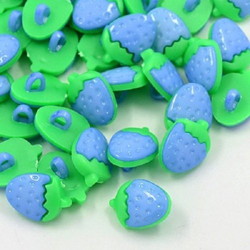 Boutons acrylique 15 mm fraise verte et bleue x 10