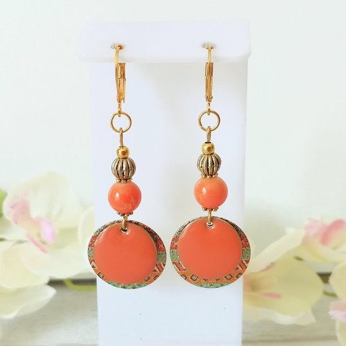 Kit boucles d'oreilles pendentif doré et perles orange