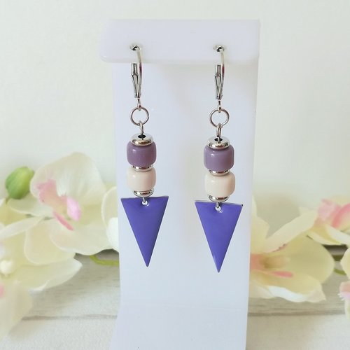 Kit boucles d'oreilles sequin émail triangle violet et perles en verre colonne