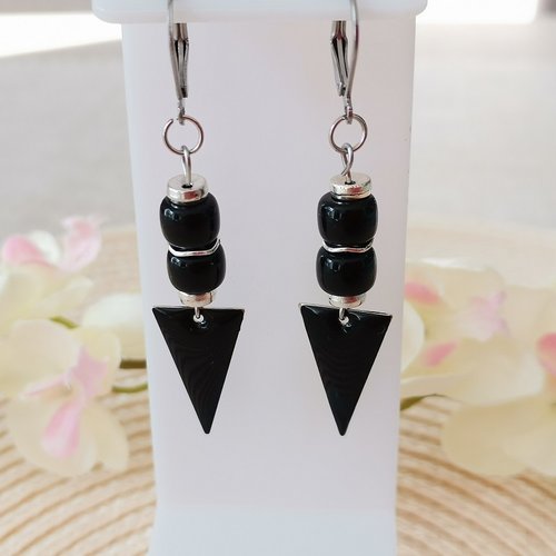 Kit boucles d'oreilles acier inoxydable et pendentif émail noir