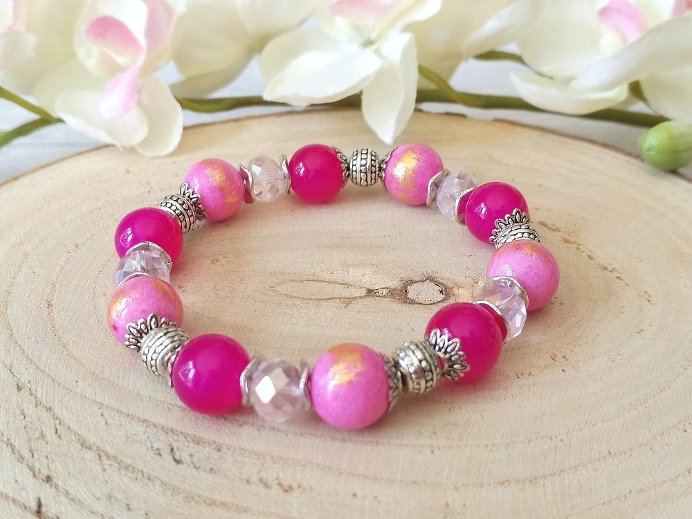 Kit bracelet fil élastique perles jade rose taches dorées - Un grand marché