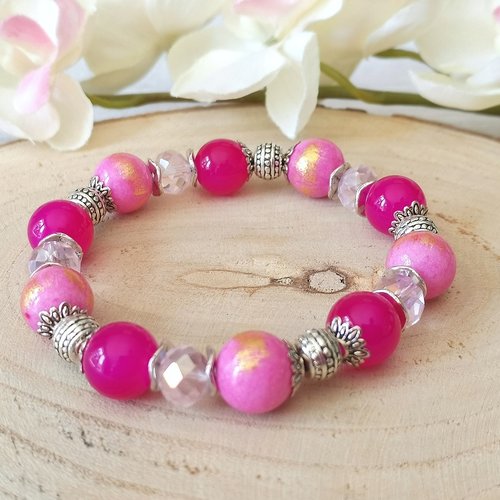 Kit bracelet fil élastique perles jade rose taches dorées