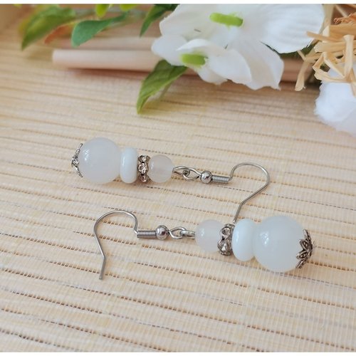Kit boucles d'oreilles 3 perles ton blanc et rondelle strass