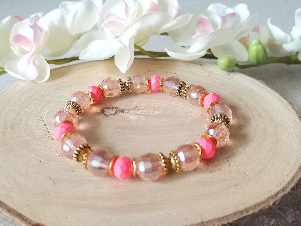 Kit bracelet fil élastique perles en verre vert, orange et rose - Un grand  marché