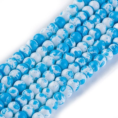 Perles en verre 4 mm blanches taches bleues x 50