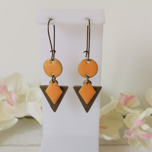 Kit de boucles d'oreilles pendentif triangle bronze et sequins émail orange