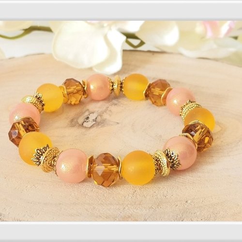 Kit bracelet fil élastique perles en verre moutarde, ambre et saumon
