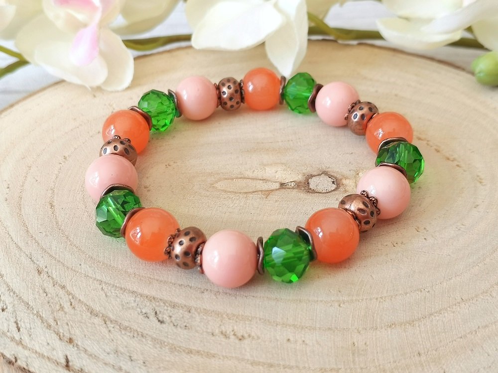 Kit bracelet fil élastique perles en verre vert, orange et rose - Un grand  marché