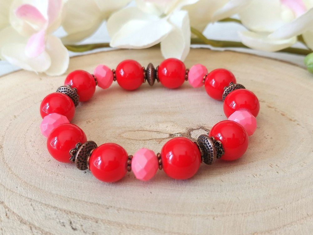 Kit bracelet perles en verre rouge et apprêts cuivre rouge - Un grand marché
