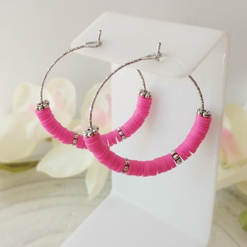 Kit de boucles d'oreilles créoles acier inoxydable ciselé et perles heishi