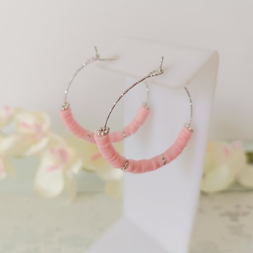 Kit de boucles d'oreilles créoles acier inoxydable ciselé et perles heishi