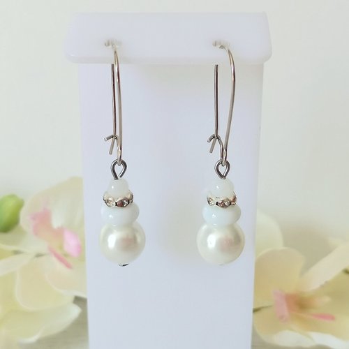 Kit boucles d'oreilles perles blanches et rondelle strass cristal