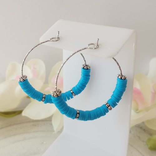 Kit de boucles d'oreilles créoles acier inoxydable ciselé et perles heishi