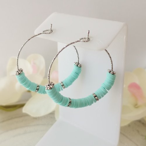 Kit de boucles d'oreilles créoles acier inoxydable ciselé et perles heishi