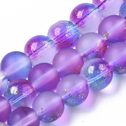 Perles en verre dépoli feuille d'or 8 mm violet  x 20