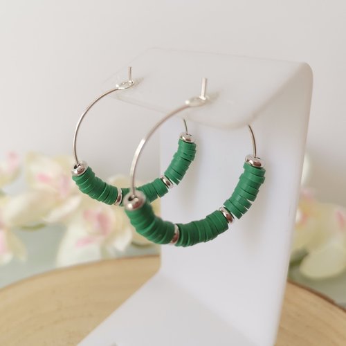 Kit de boucles d'oreilles créoles argentées et perles heishi