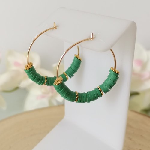 Kit de boucles d'oreilles créoles dorées acier inoxydable et perles heishi