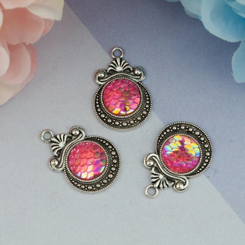 Pendentif métal rond 28 mm argent mat et reflet rose x 2