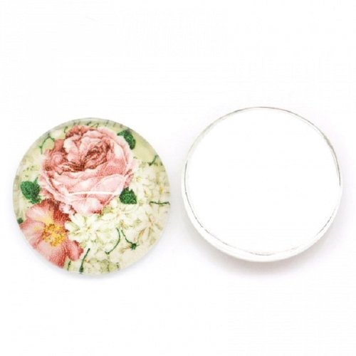 Cabochons en verre 16 mm motif fleurs roses x 2
