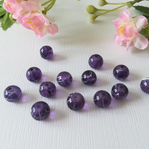 Perles en verre 8 mm violet foncé tréfilé blanc x 20