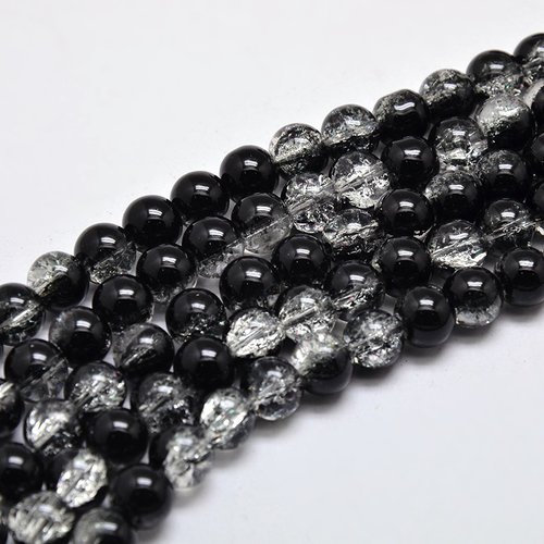 Perles en verre craquelé 10 mm noire et cristal x 10