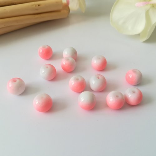 20 perles en verre 8 mm bicolore blanc/rose