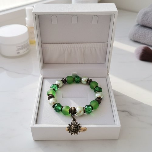 Kit bracelet fil élastique perles en verre verte et breloque fleur