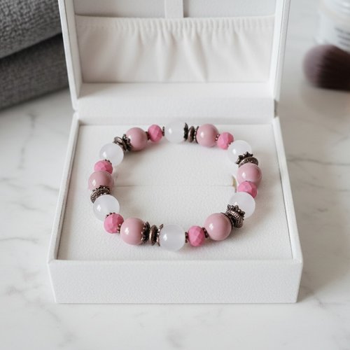 Kit bracelet fil élastique perles taupe et framboise