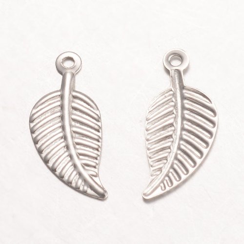 5 breloques acier inoxydable feuille 14 mm platine