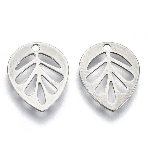 5 breloques acier inoxydable 13 mm feuilles x 5