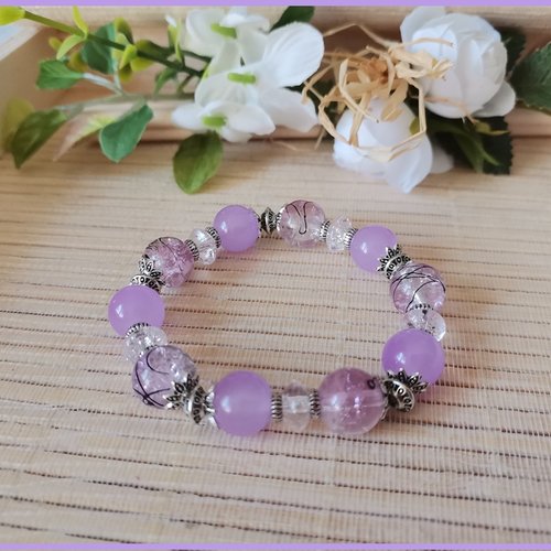 Kit bracelet fil élastique et ajustable perles en verre mauve