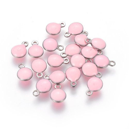 4 pendentifs/breloques acier inoxydable et émail rond rose