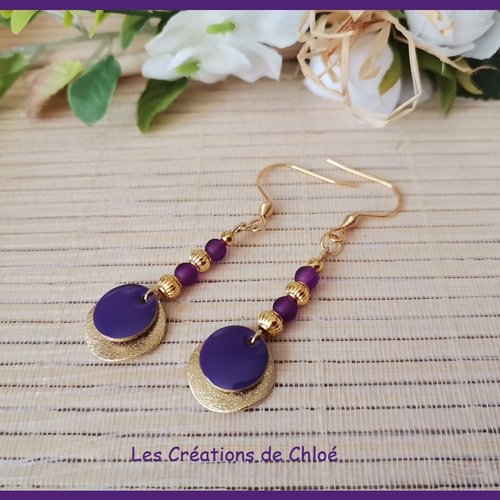 Kit boucles d'oreilles acier inoxydable doré et sequin violet