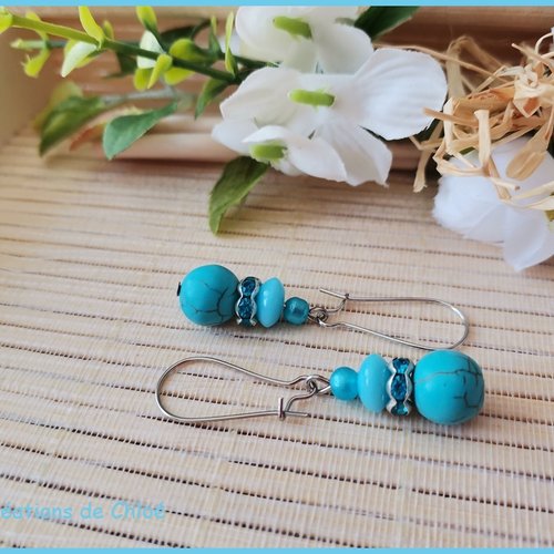 Kit boucles d'oreilles perles turquoise, bleues et rondelle strass