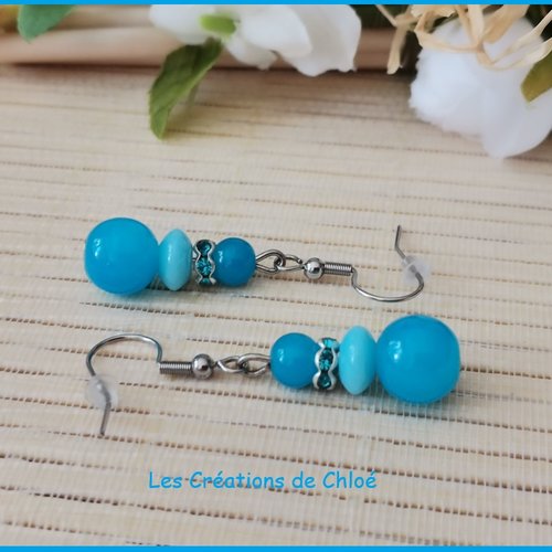Kit boucles d'oreilles 3 perles ton bleu et rondelle strass