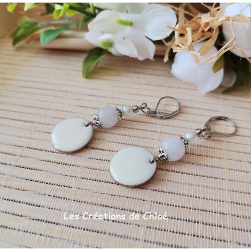 Kit boucles d'oreilles sequin émail blanc et perle jade