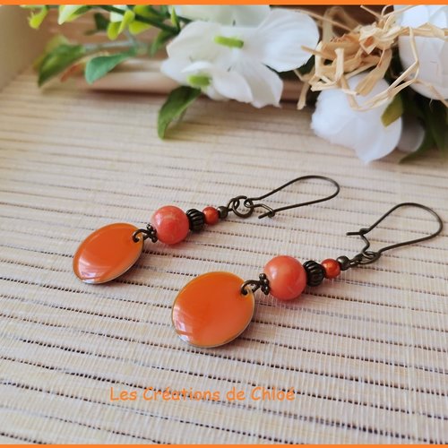 Kit de boucles d'oreilles apprêts bronze et sequin émail orange