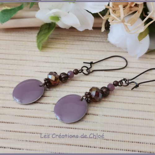 Kit de boucles d'oreilles apprêts cuivre et sequin émail rond mauve