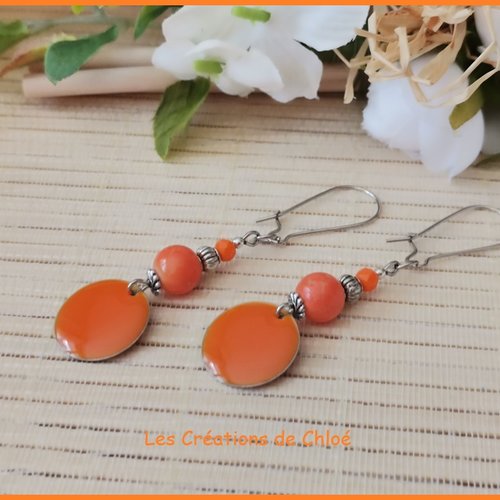 Kit de boucles d'oreilles apprêts argent mat et sequin émail orange