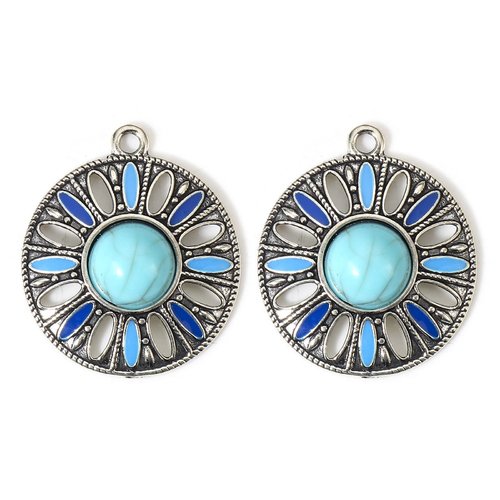 2 pendentifs rond 26 mm bleu et argent mat
