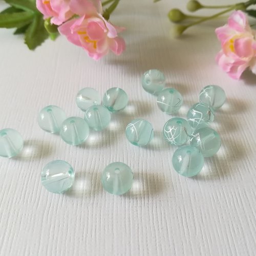 20 perles en verre 8 mm bleu ciel tréfilé blanc