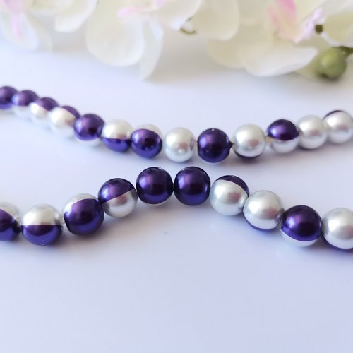 10 perles en verre nacré bicolore 10 mm violet et blanc